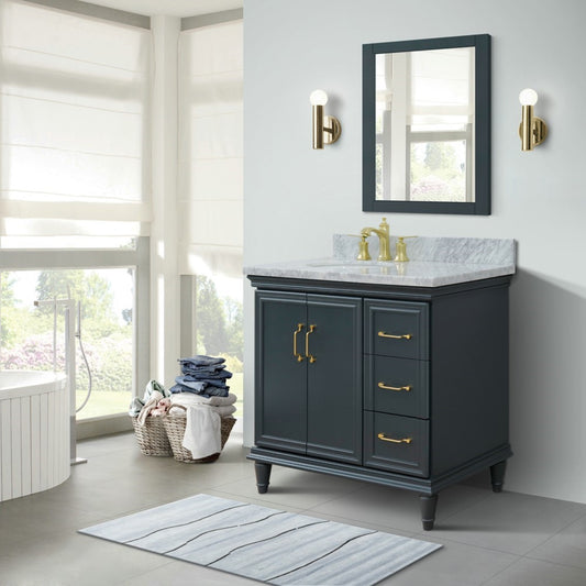 37" Single vanity in Dark Gray finish with White Carrara and oval sink Left door/Left sink