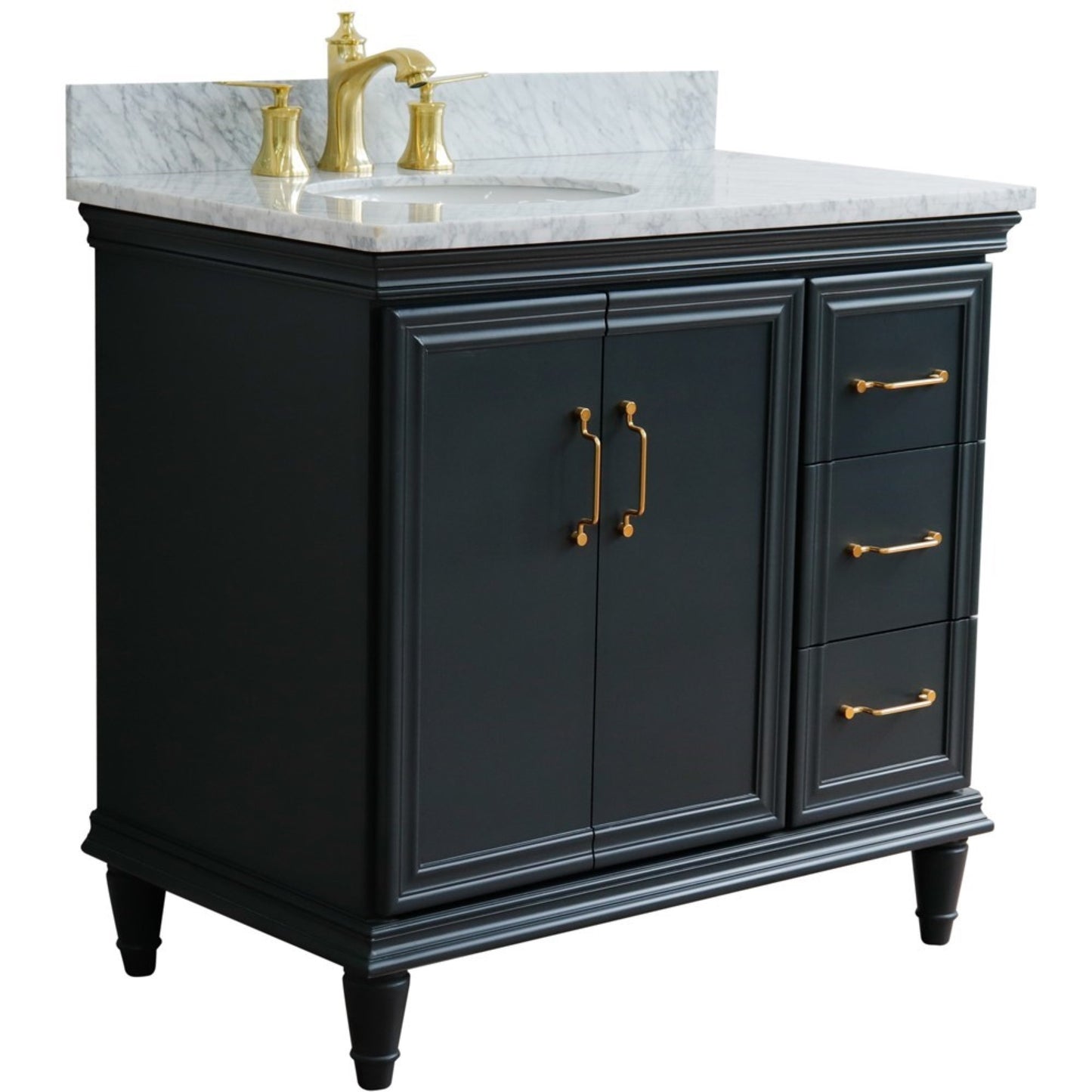 37" Single vanity in Dark Gray finish with White Carrara and oval sink Left door/Left sink