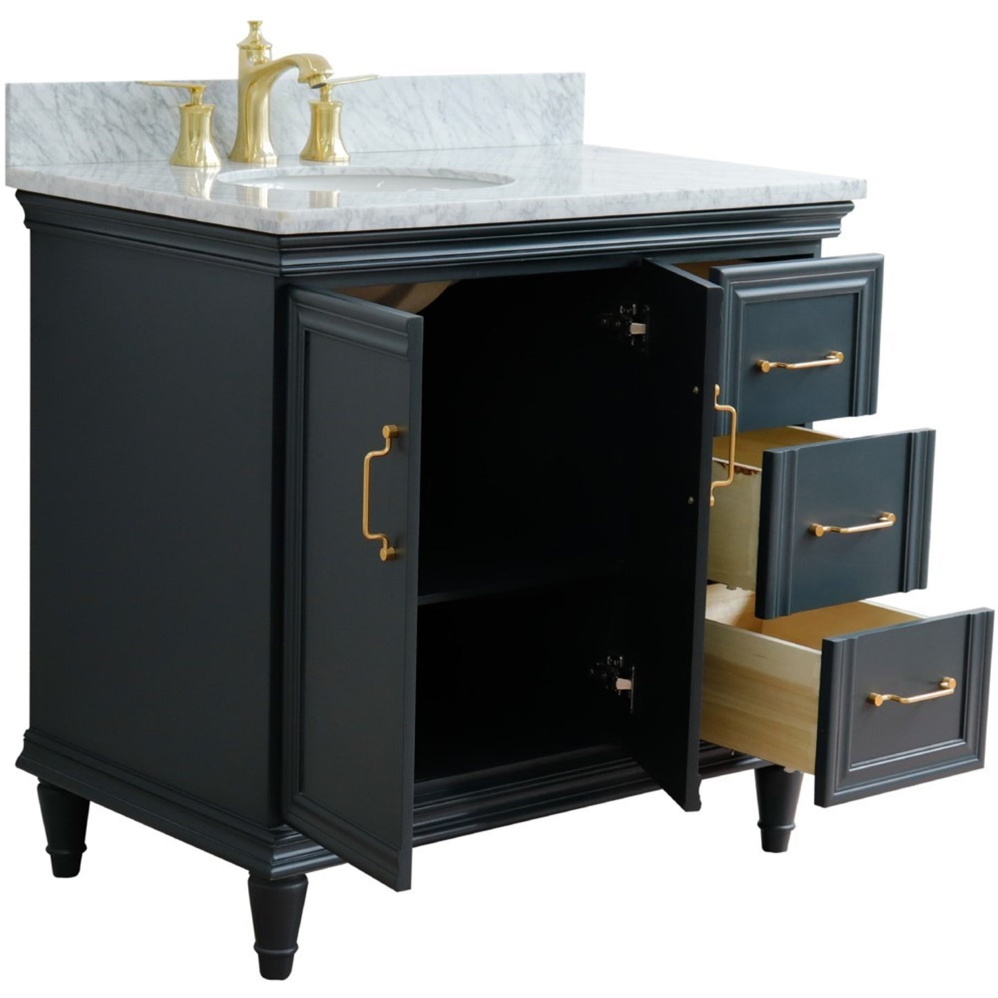 37" Single vanity in Dark Gray finish with White Carrara and oval sink Left door/Left sink