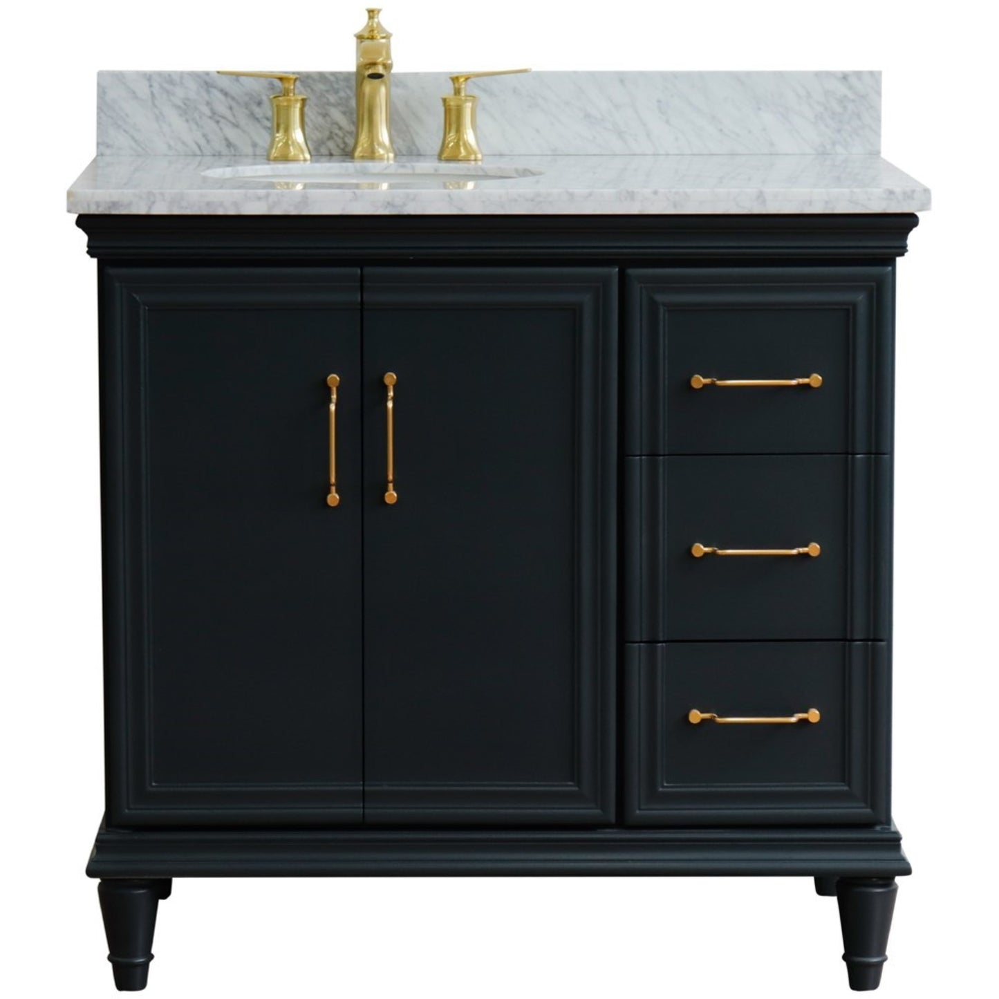 37" Single vanity in Dark Gray finish with White Carrara and oval sink Left door/Left sink