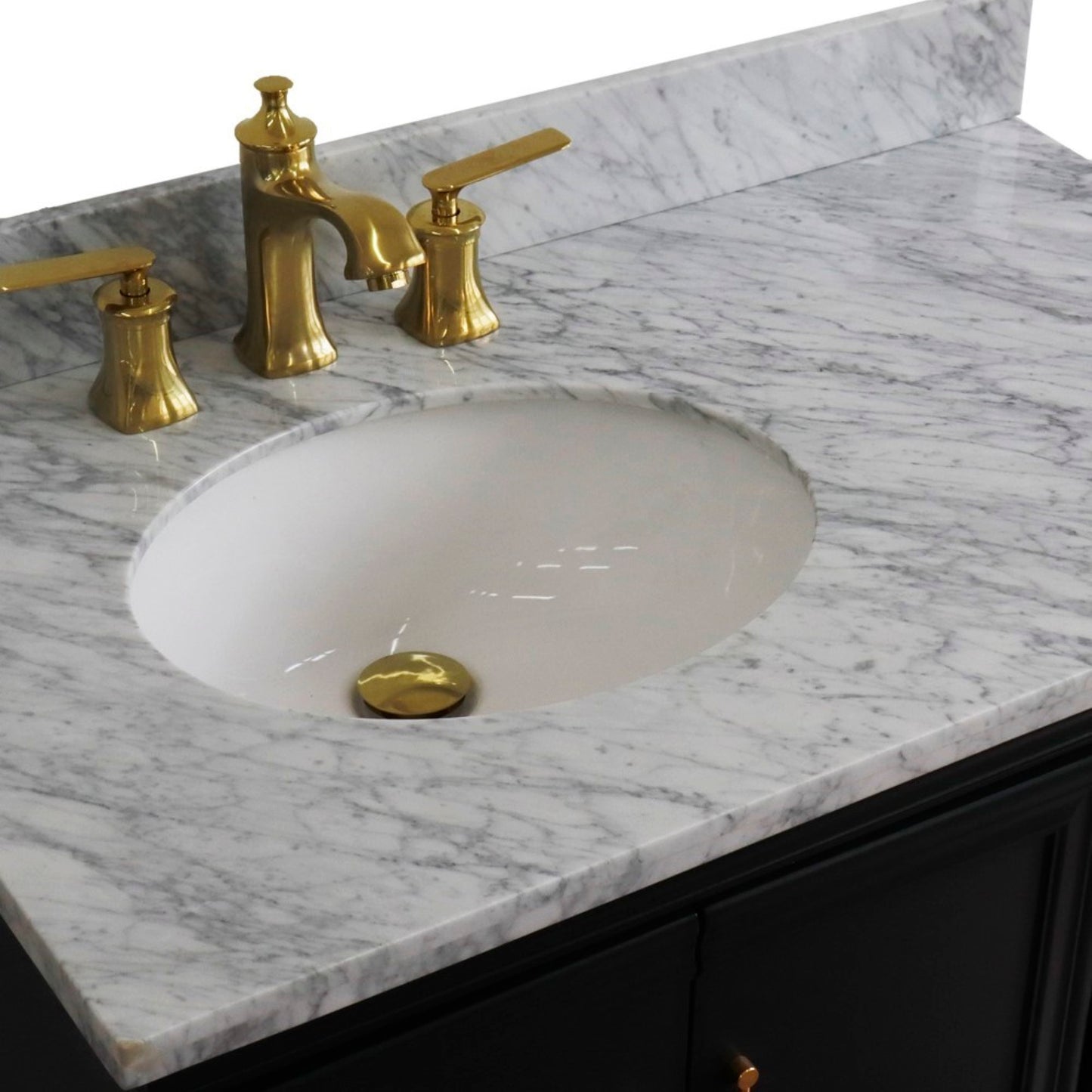 37" Single vanity in Dark Gray finish with White Carrara and oval sink Left door/Left sink
