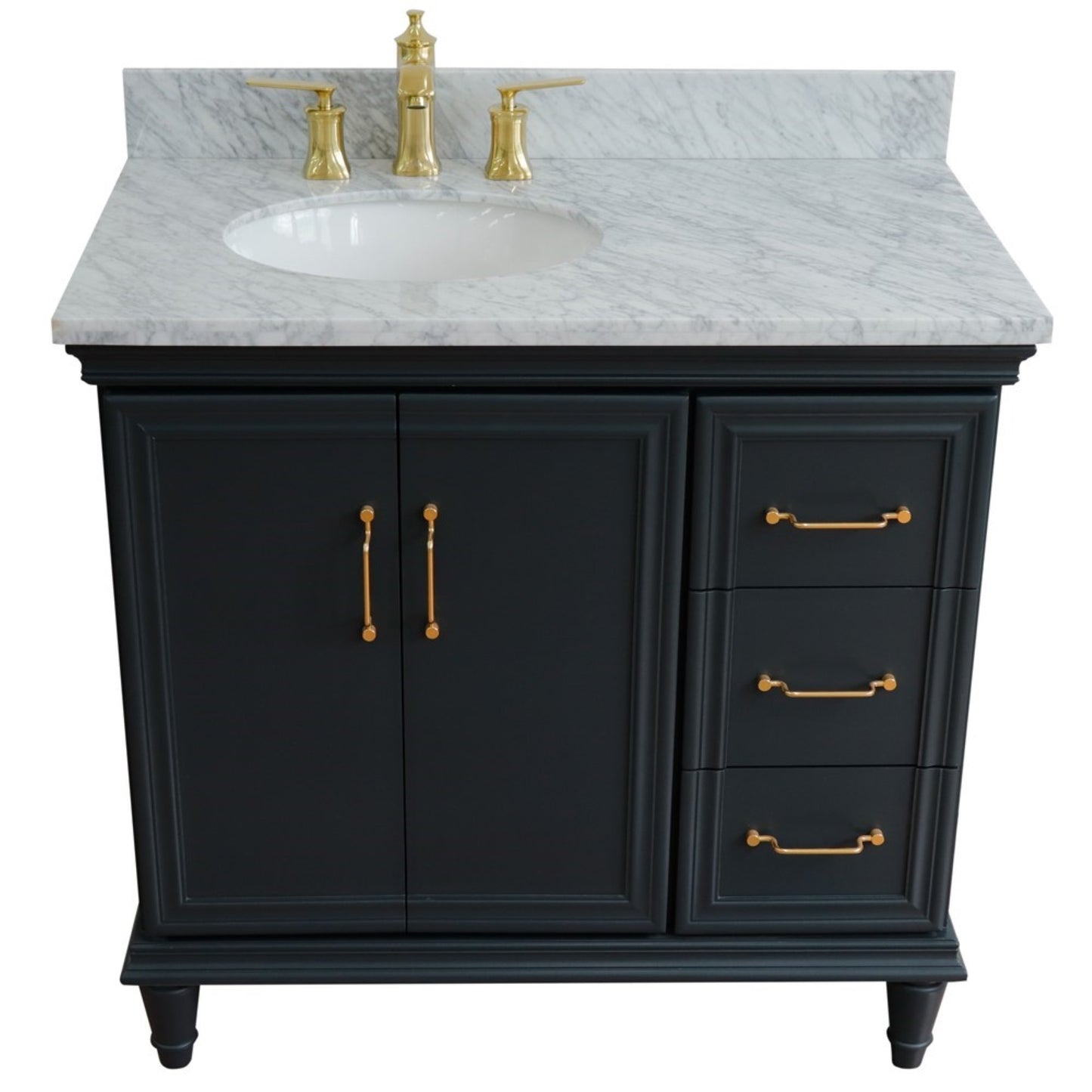 37" Single vanity in Dark Gray finish with White Carrara and oval sink Left door/Left sink