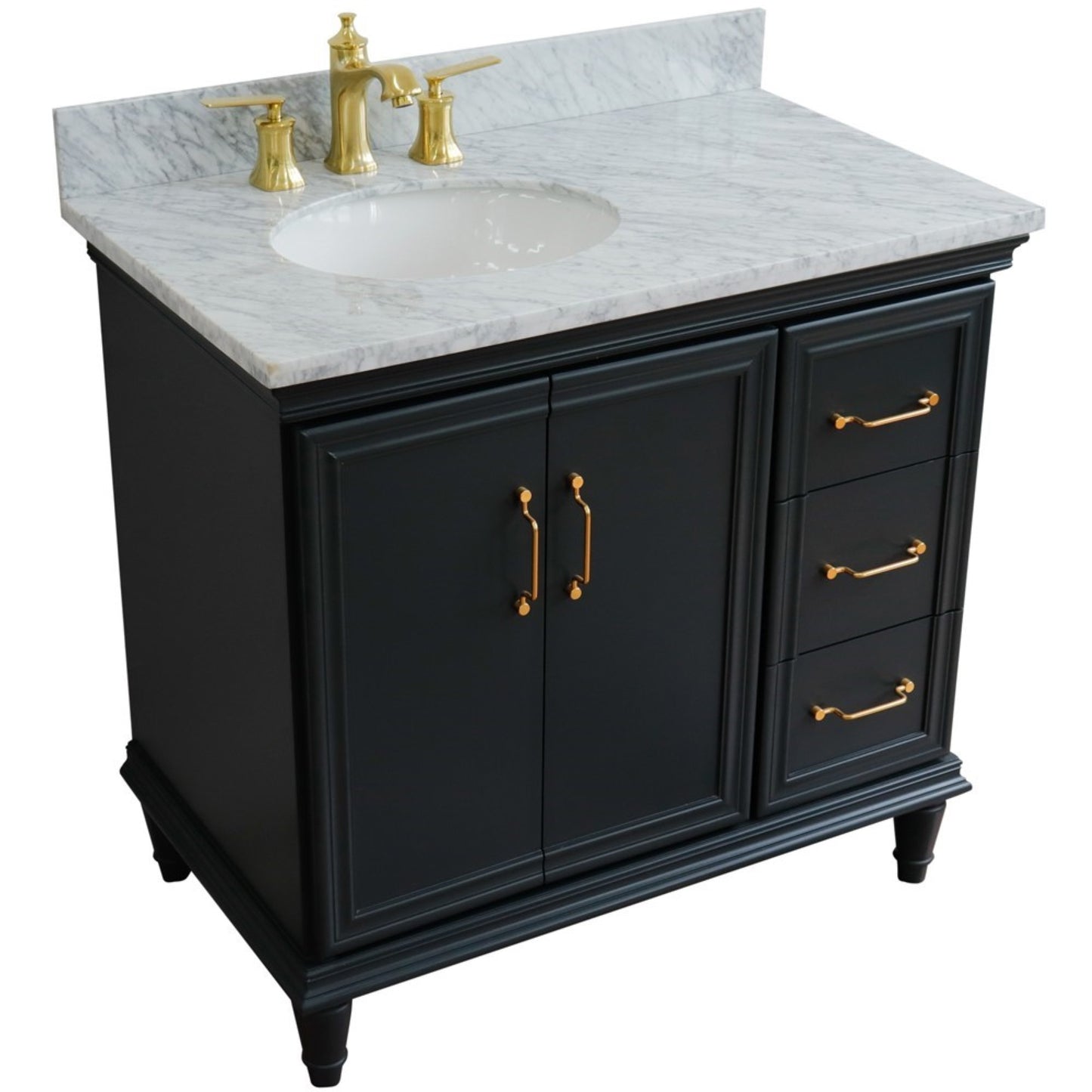 37" Single vanity in Dark Gray finish with White Carrara and oval sink Left door/Left sink