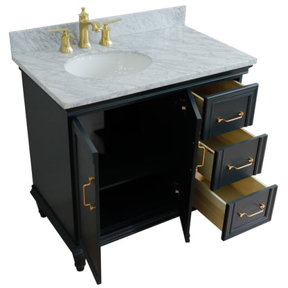 37" Single vanity in Dark Gray finish with White Carrara and oval sink Left door/Left sink