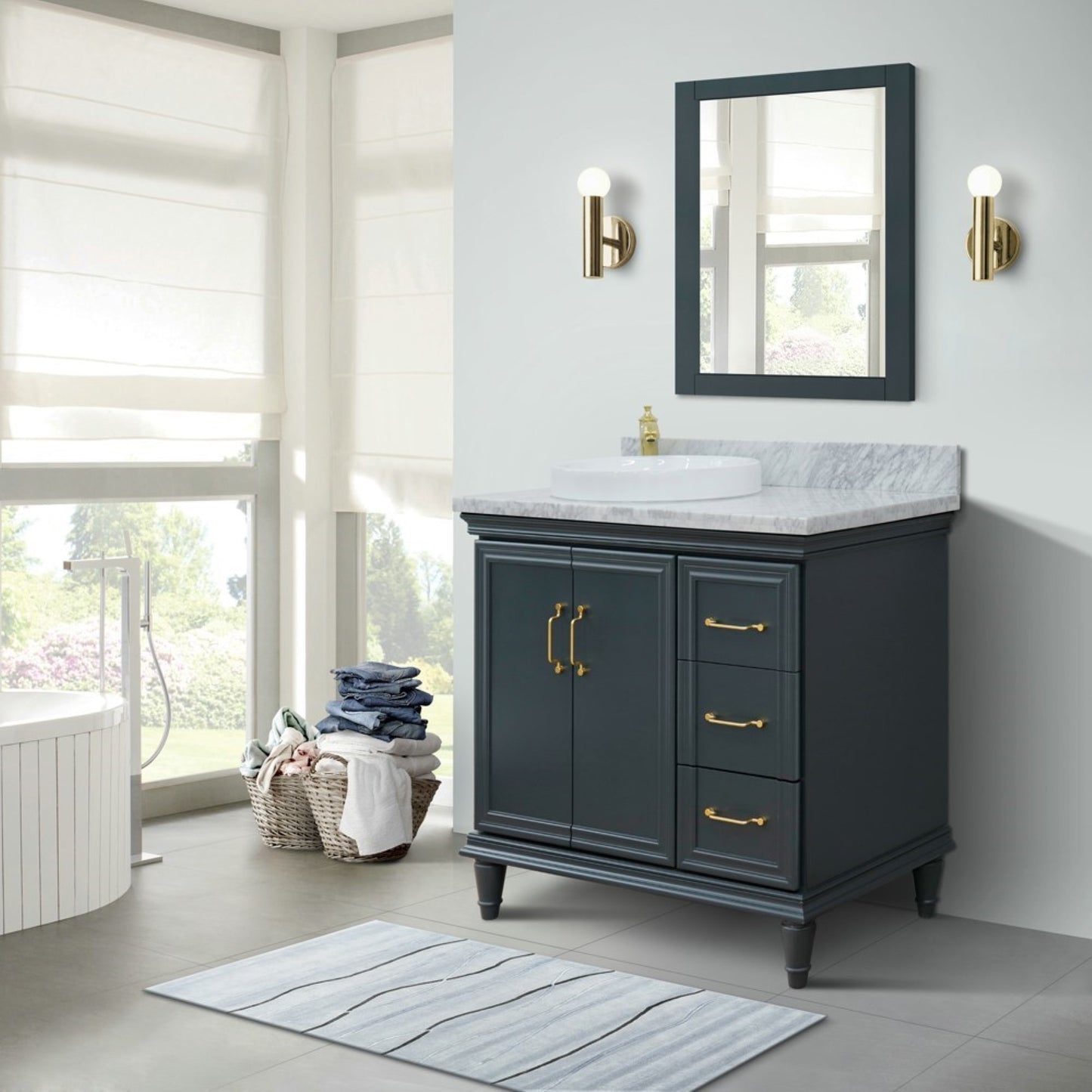 37" Single vanity in Dark Gray finish with White Carrara and round sink Left door/Left sink