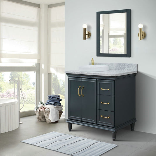 37" Single vanity in Dark Gray finish with White Carrara and round sink Left door/Left sink