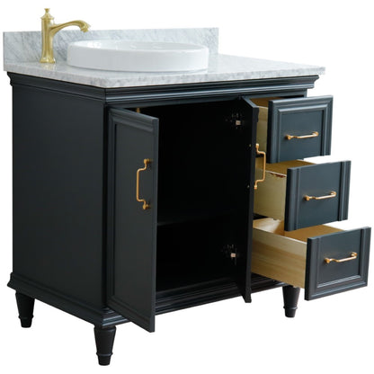 37" Single vanity in Dark Gray finish with White Carrara and round sink Left door/Left sink