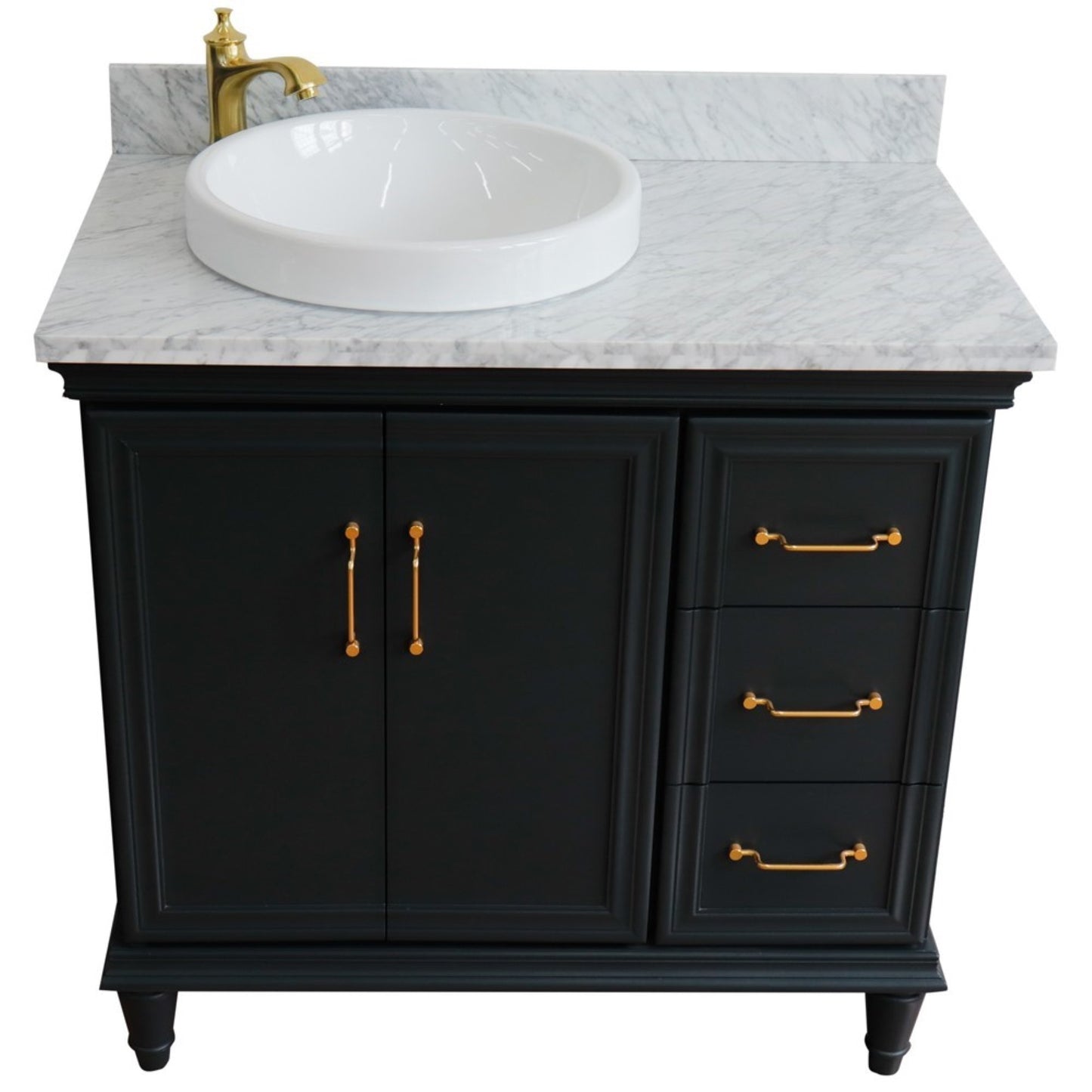 37" Single vanity in Dark Gray finish with White Carrara and round sink Left door/Left sink