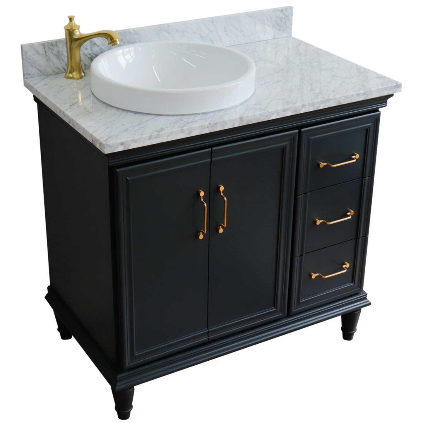37" Single vanity in Dark Gray finish with White Carrara and round sink Left door/Left sink