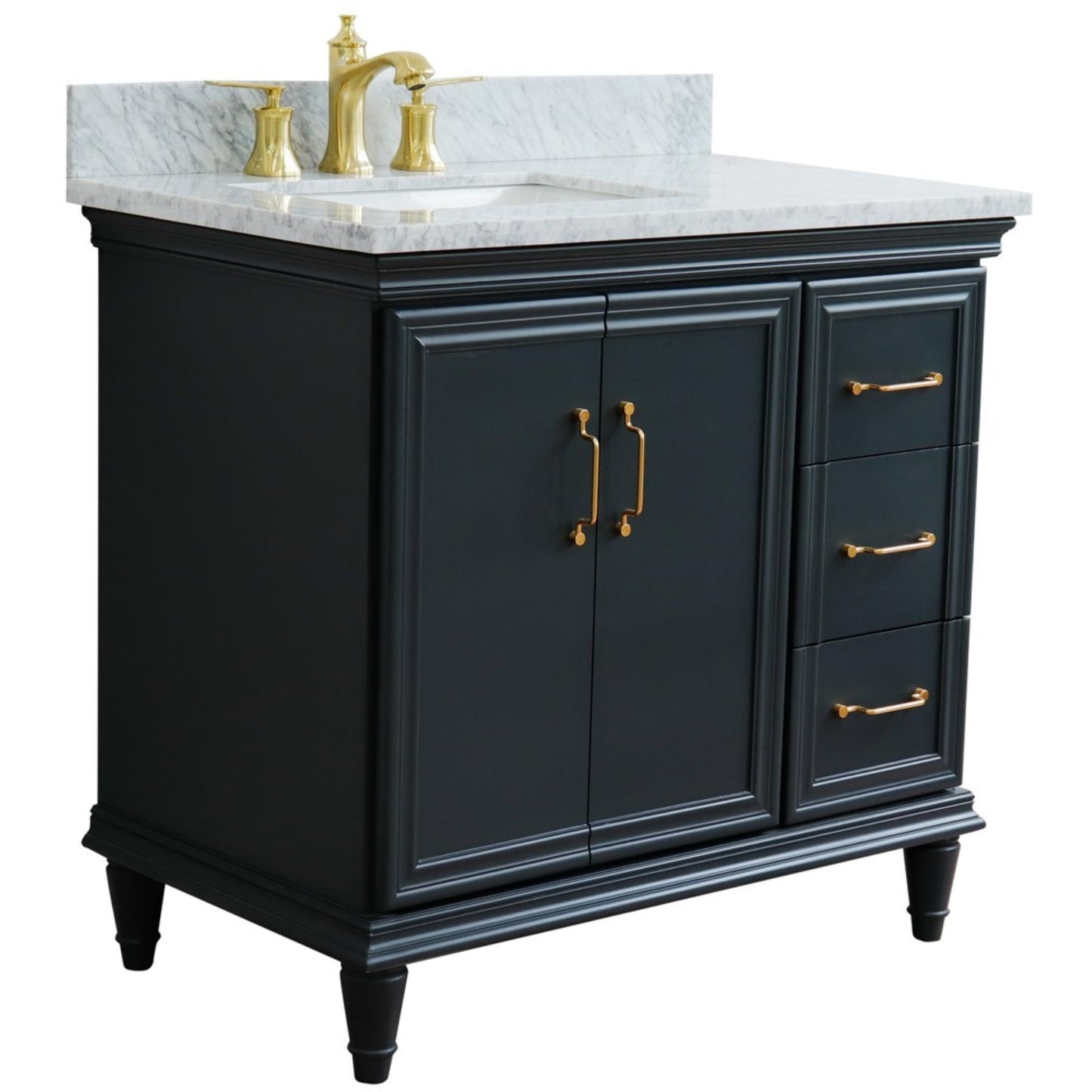 37" Single vanity in Dark Gray finish with White Carrara and rectangle sink Left door/Left sink