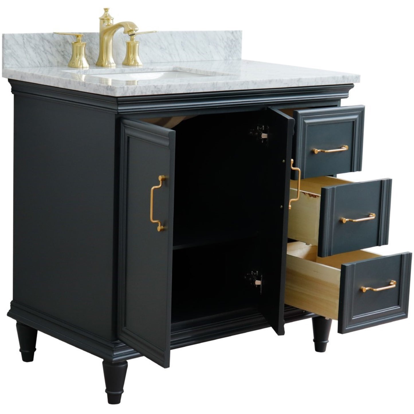 37" Single vanity in Dark Gray finish with White Carrara and rectangle sink Left door/Left sink