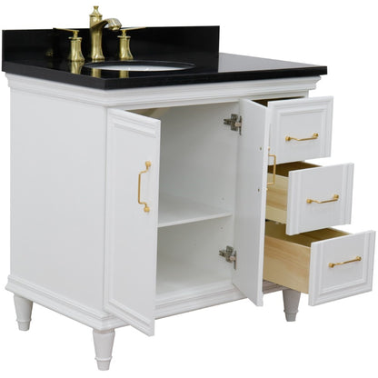 37" Single vanity in White finish with Black galaxy and oval sink Left door/Left sink