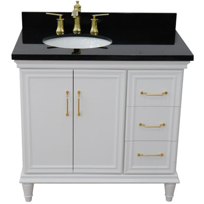 37" Single vanity in White finish with Black galaxy and oval sink Left door/Left sink