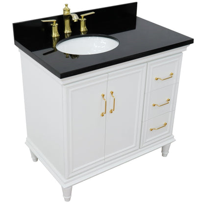 37" Single vanity in White finish with Black galaxy and oval sink Left door/Left sink