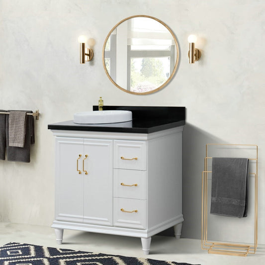 37" Single vanity in White finish with Black galaxy and round sink Left door/Left sink