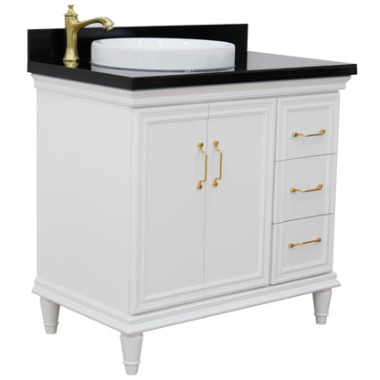 37" Single vanity in White finish with Black galaxy and round sink Left door/Left sink