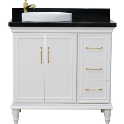 37" Single vanity in White finish with Black galaxy and round sink Left door/Left sink