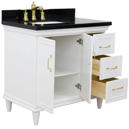 37" Single vanity in White finish with Black galaxy and rectangle sink Left door/Left sink