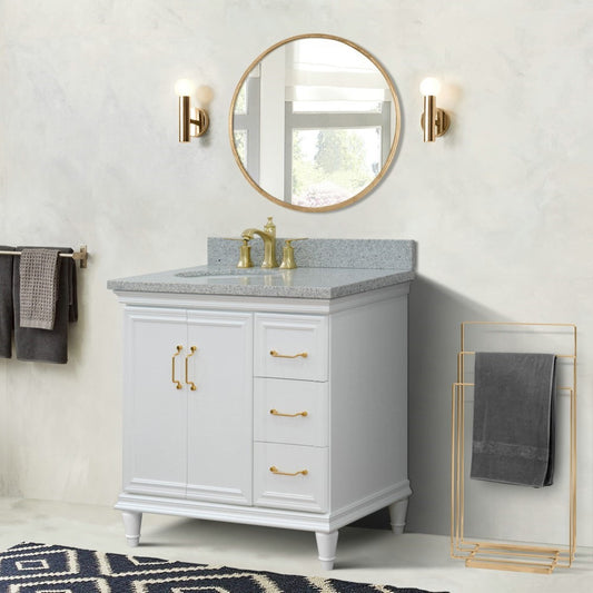 37" Single vanity in White finish with Gray granite and oval sink Left door/Left sink