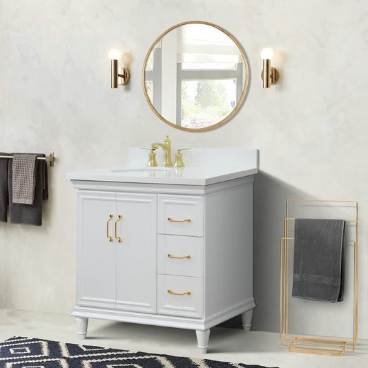 37" Single vanity in White finish with White engineered stone and oval sink Left door/Left sink