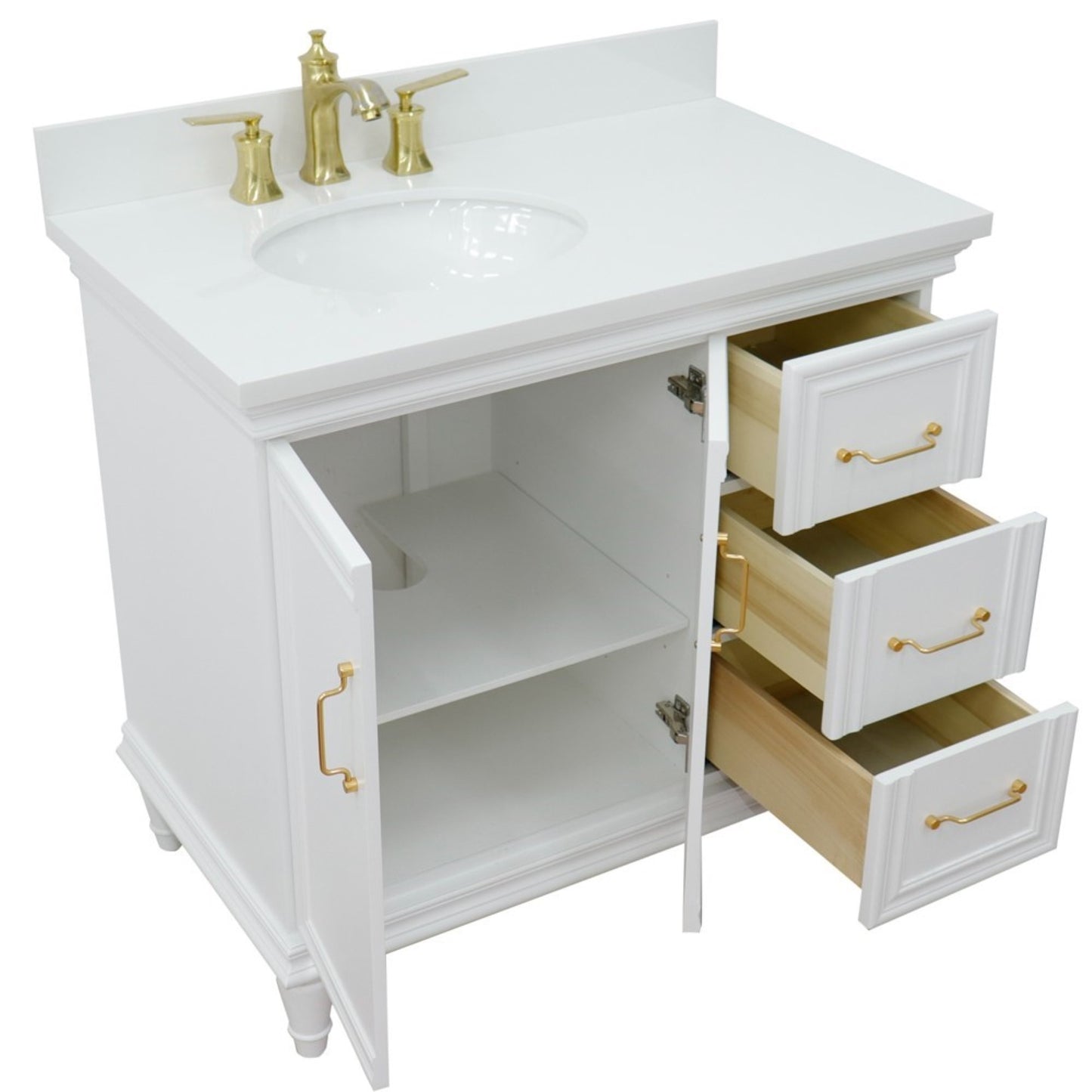 37" Single vanity in White finish with White engineered stone and oval sink Left door/Left sink