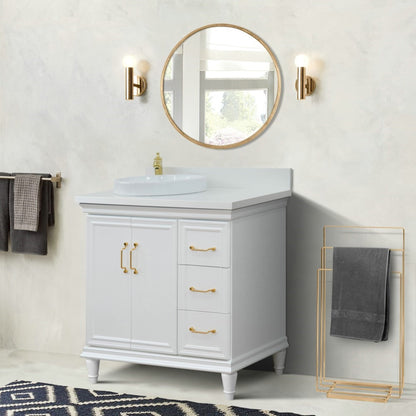 37" Single vanity in White finish with White engineered stone and round sink Left door/Left sink