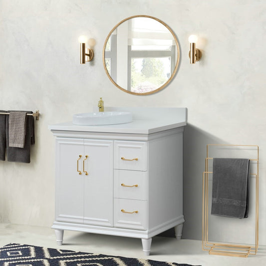37" Single vanity in White finish with White engineered stone and round sink Left door/Left sink