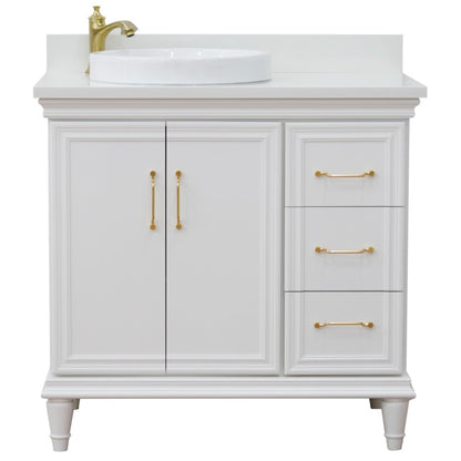 37" Single vanity in White finish with White engineered stone and round sink Left door/Left sink