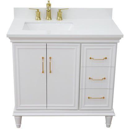 37" Single vanity in White finish with White engineered stone and rectangle sink Left door/Left sink