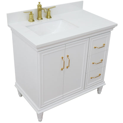 37" Single vanity in White finish with White engineered stone and rectangle sink Left door/Left sink