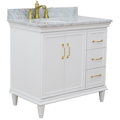 37" Single vanity in White finish with White Carrara and oval sink Left door/Left sink