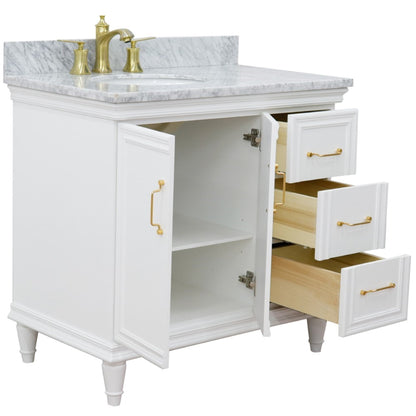 37" Single vanity in White finish with White Carrara and oval sink Left door/Left sink
