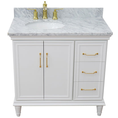 37" Single vanity in White finish with White Carrara and oval sink Left door/Left sink