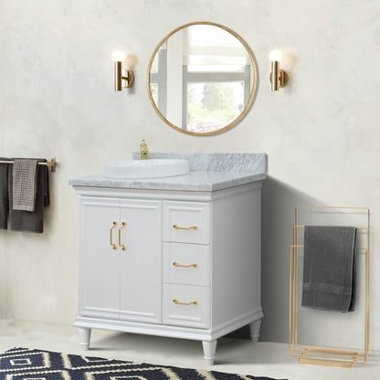 37" Single vanity in White finish with White Carrara and round sink Left door/Left sink