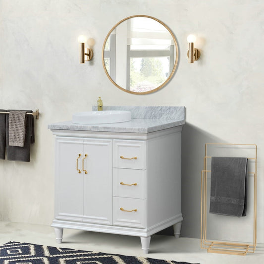37" Single vanity in White finish with White Carrara and round sink Left door/Left sink