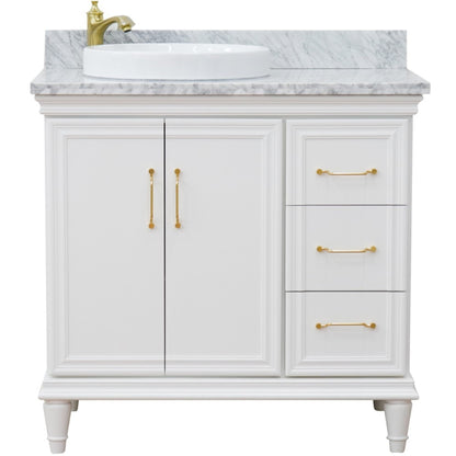 37" Single vanity in White finish with White Carrara and round sink Left door/Left sink