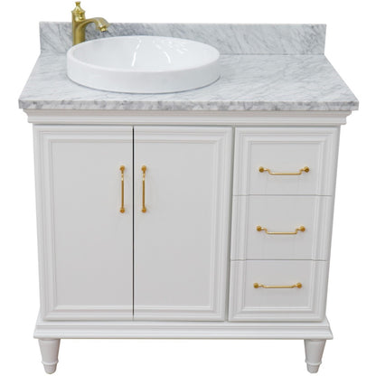 37" Single vanity in White finish with White Carrara and round sink Left door/Left sink