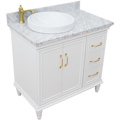 37" Single vanity in White finish with White Carrara and round sink Left door/Left sink