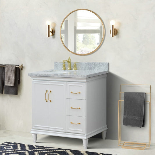 37" Single vanity in White finish with White Carrara and rectangle sink Left door/Left sink