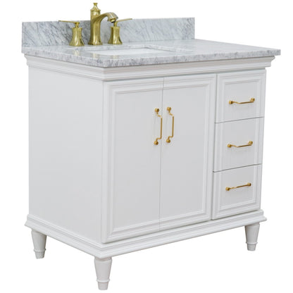 37" Single vanity in White finish with White Carrara and rectangle sink Left door/Left sink