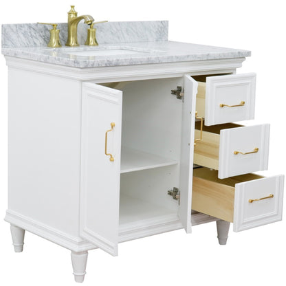 37" Single vanity in White finish with White Carrara and rectangle sink Left door/Left sink