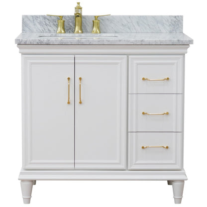 37" Single vanity in White finish with White Carrara and rectangle sink Left door/Left sink