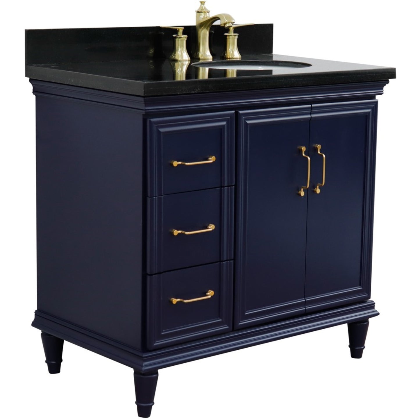 37" Single vanity in Blue finish with Black galaxy and oval sink Right door/Right sink