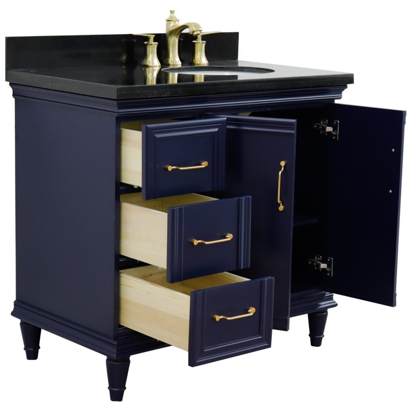 37" Single vanity in Blue finish with Black galaxy and oval sink Right door/Right sink