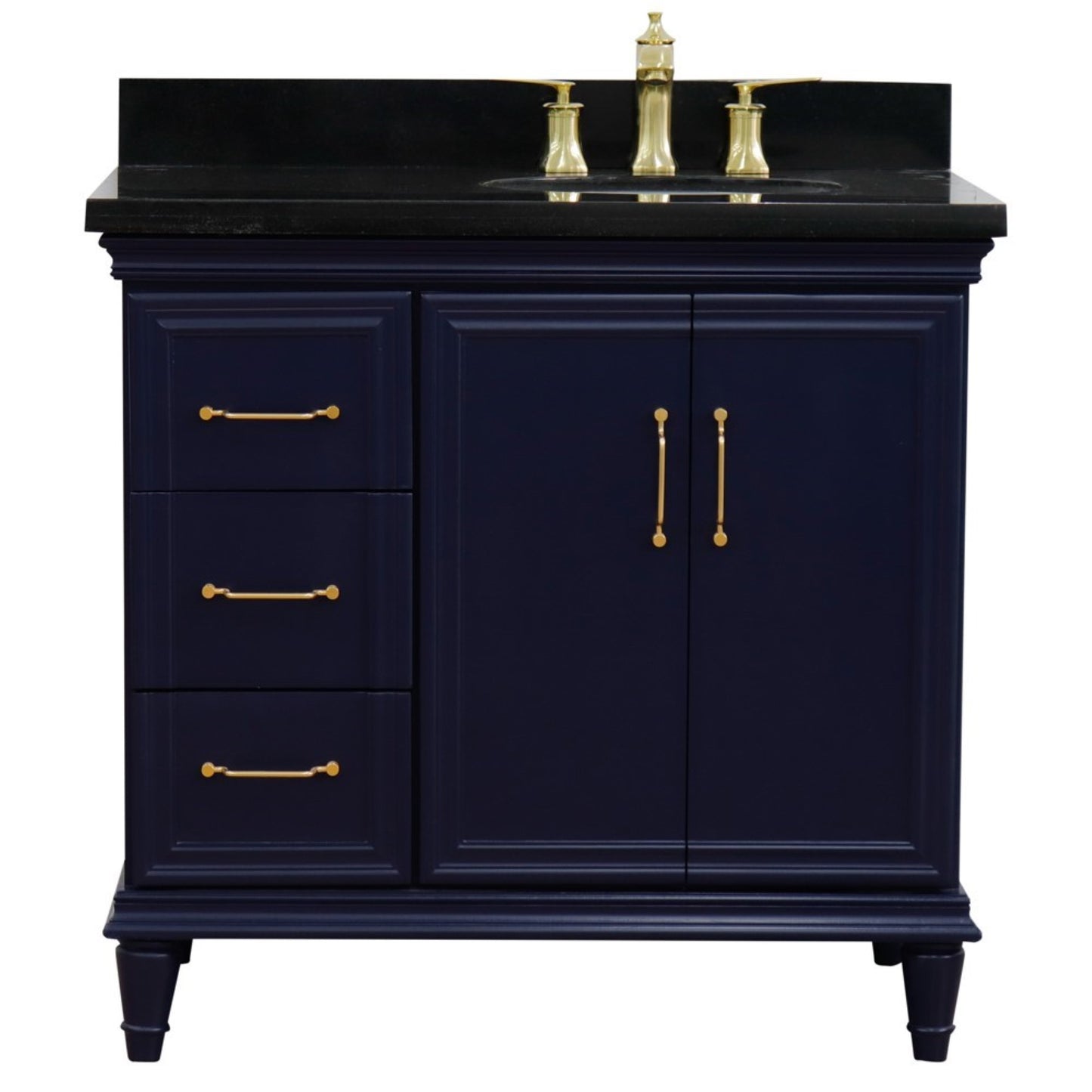37" Single vanity in Blue finish with Black galaxy and oval sink Right door/Right sink