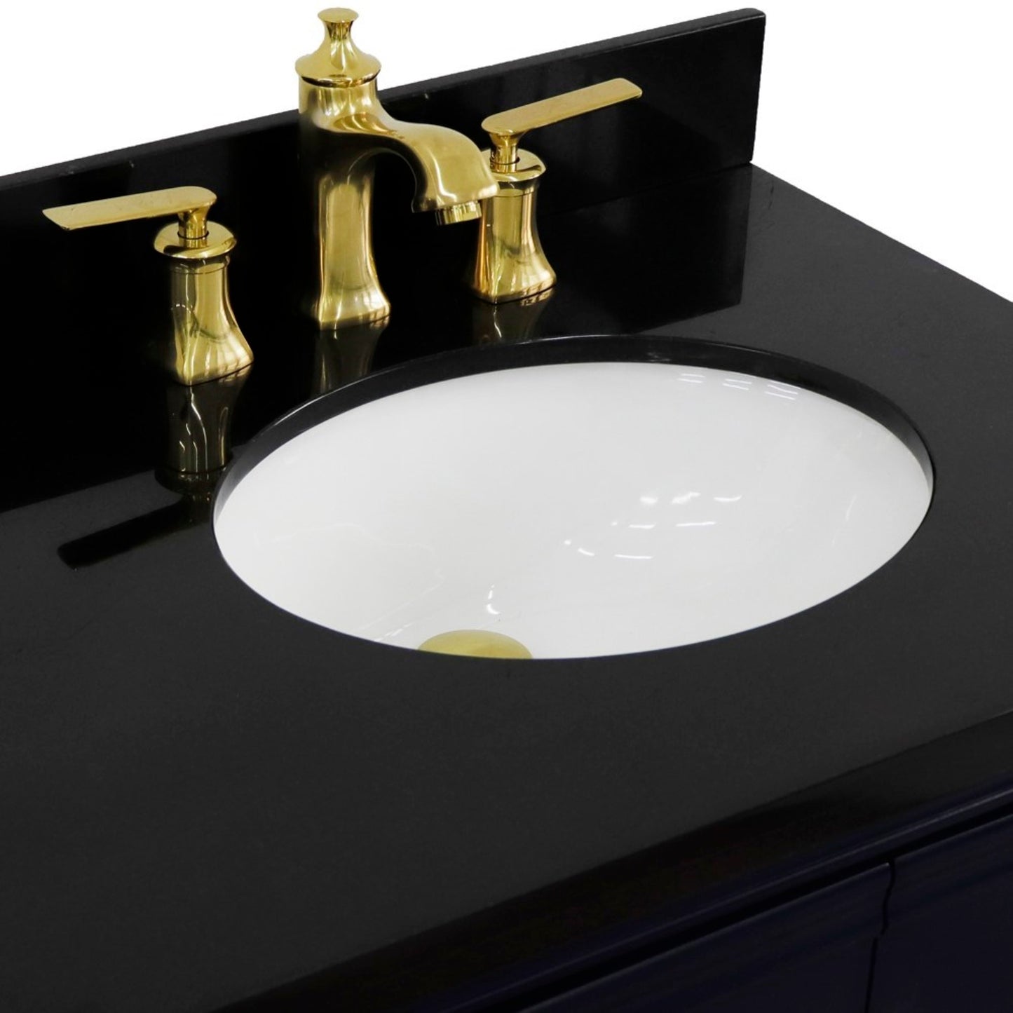 37" Single vanity in Blue finish with Black galaxy and oval sink Right door/Right sink