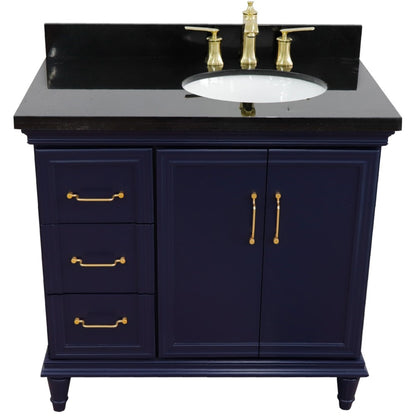 37" Single vanity in Blue finish with Black galaxy and oval sink Right door/Right sink