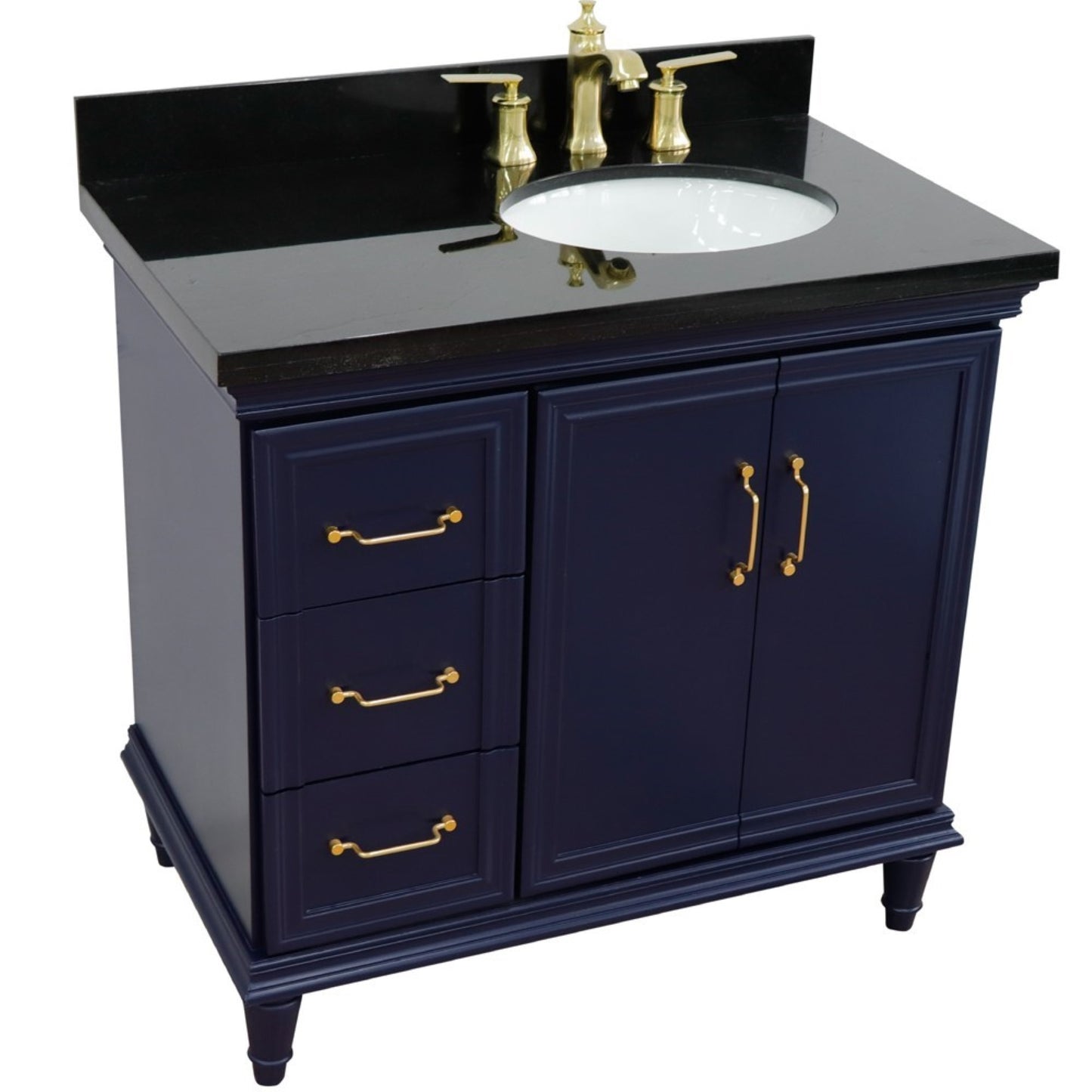37" Single vanity in Blue finish with Black galaxy and oval sink Right door/Right sink