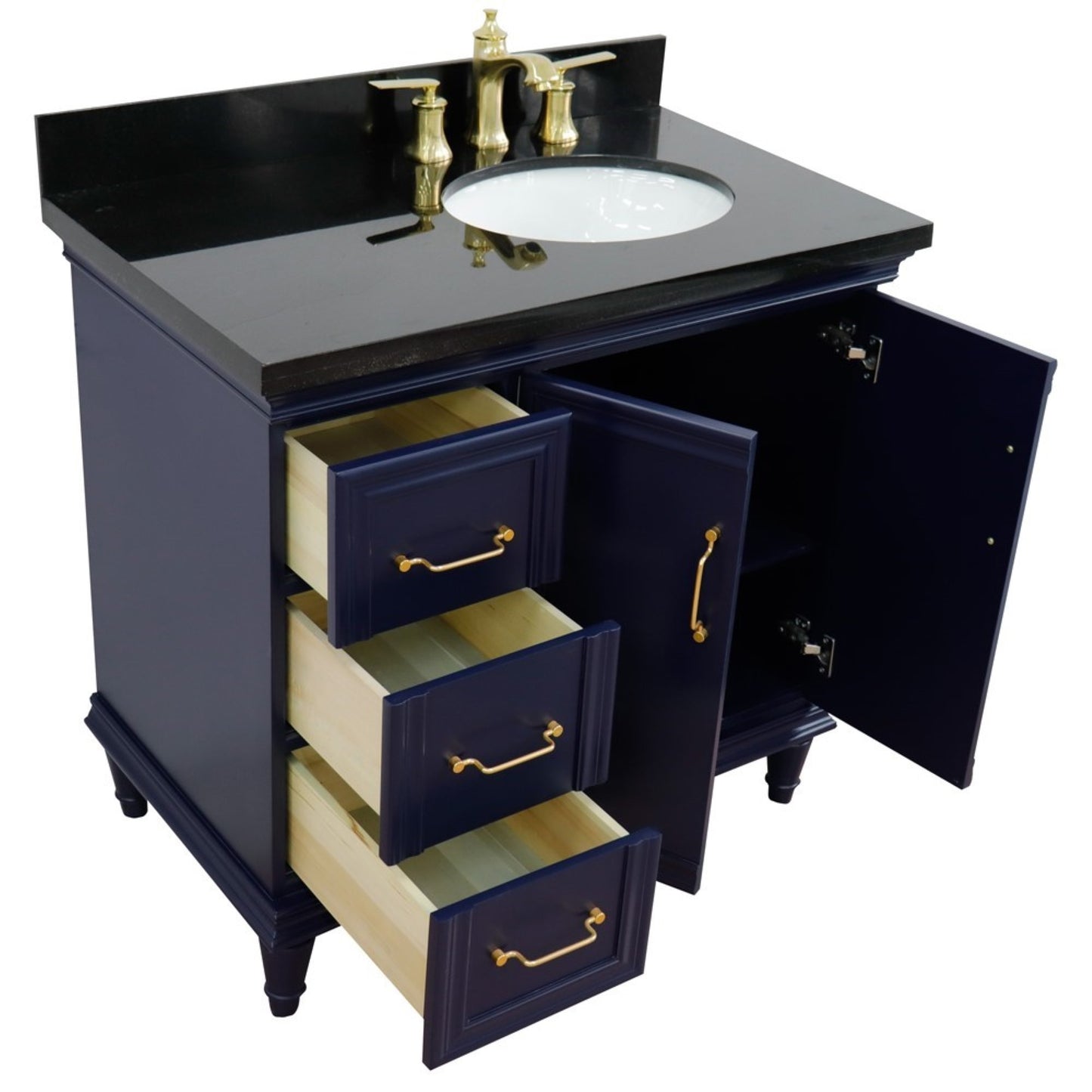 37" Single vanity in Blue finish with Black galaxy and oval sink Right door/Right sink