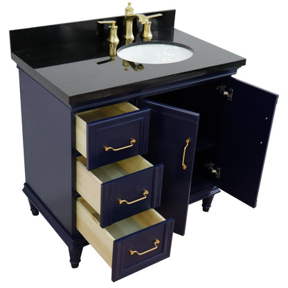 37" Single vanity in Blue finish with Black galaxy and oval sink Right door/Right sink